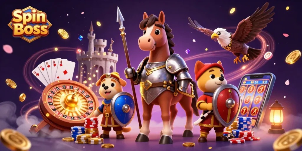 Spin Boss gaming adventure with a knight, puppy, and falcon surrounded by vibrant casino elements