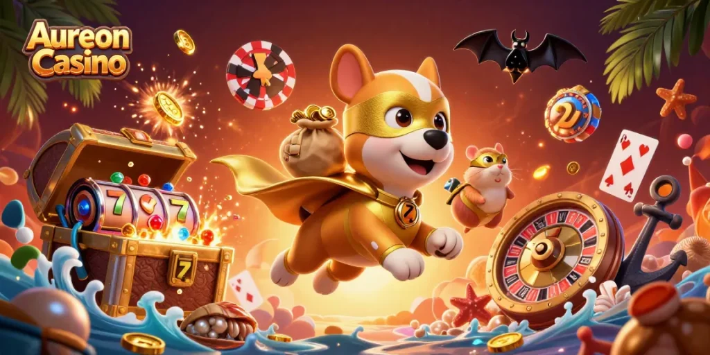 Aureon Casino brings excitement with a superhero dog flying and slot reels in a vibrant scene.