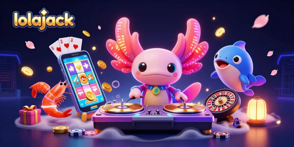 Join the vibrant gaming scene at lolajack with colorful characters and dynamic casino elements.