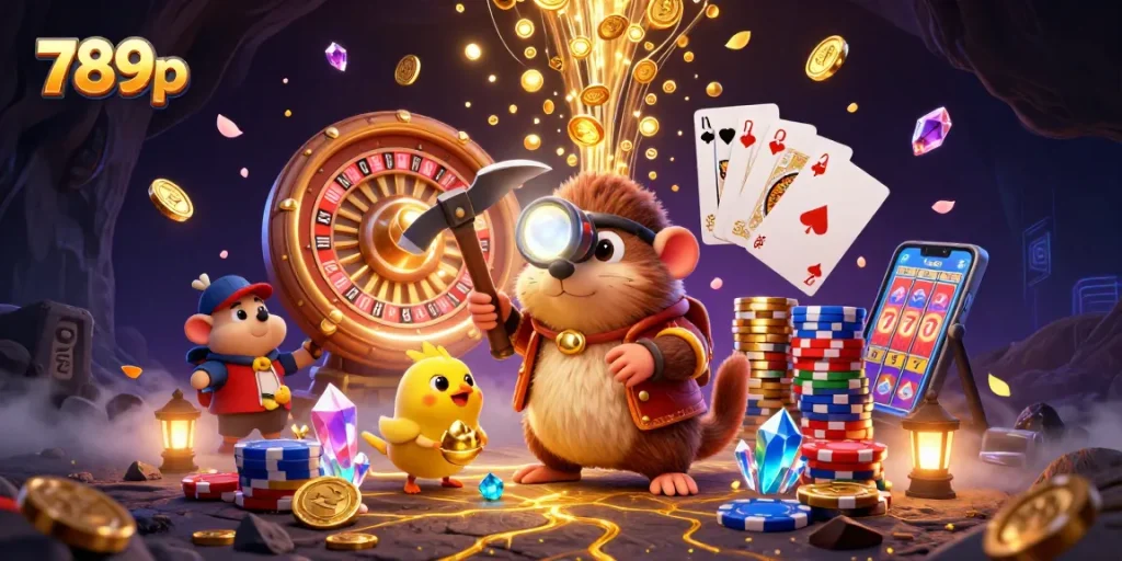 Experience thrilling gambling action with 789p as the cartoon mole discovers treasures in a 3D casino setting.