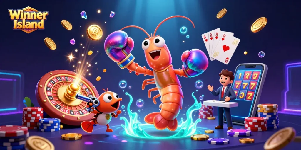 Experience the excitement at Winner Island, featuring a mantis shrimp, a pistol shrimp, and a grouper amidst a vibrant casino scene.