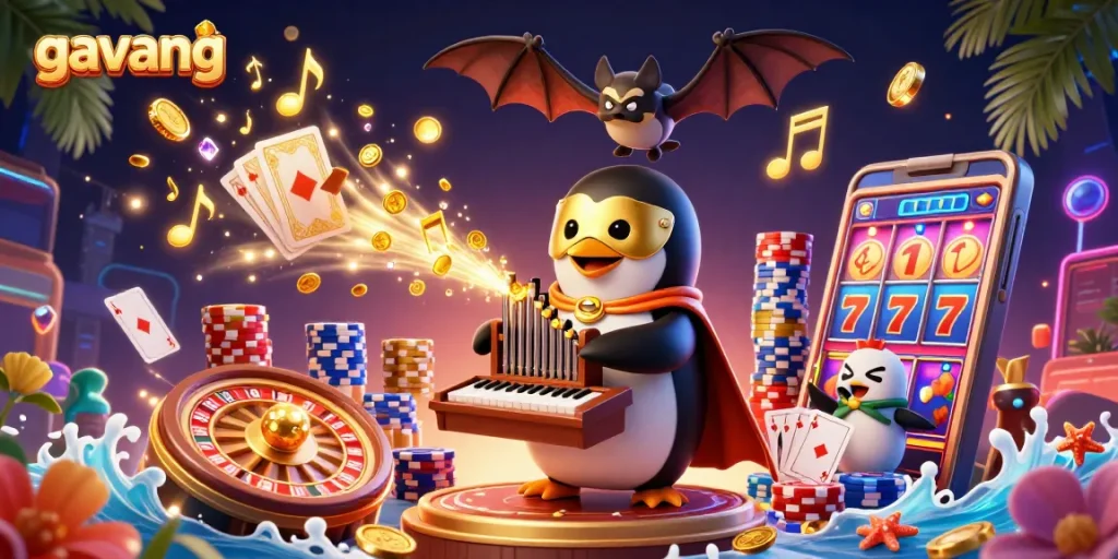Experience thrilling wins at gavang with a 3D phantom penguin playing golden notes and coins.