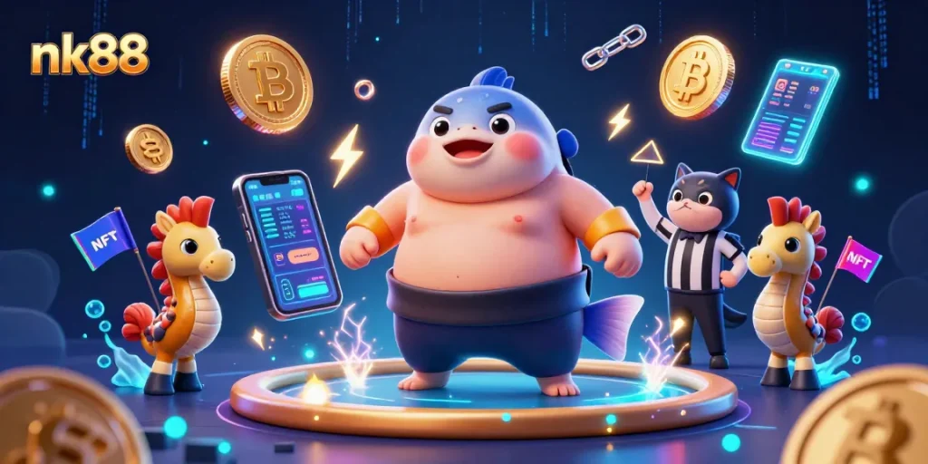 Experience thrilling games at nk88 with the vibrant 3D illustration of casino characters and crypto elements.