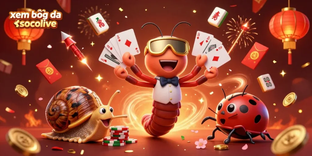 Xem bóng đá socolive with a lively cartoon dynamic scene showing a millipede dealer and a high-roller snail in a casino.