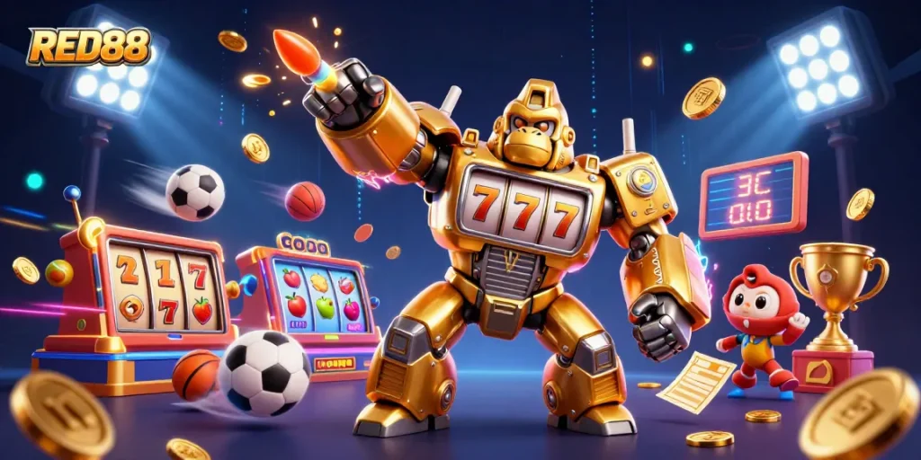 Engage in thrilling gameplay with RED88's vibrant 3D illustration of a golden gorilla mech and dynamic slots.