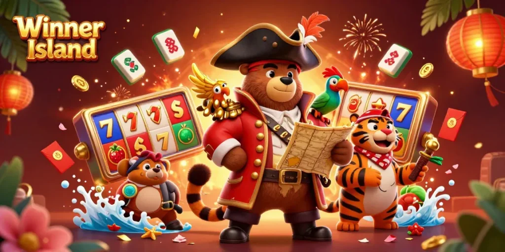 Experience big wins at Winner Island with a vibrant casino-themed illustration featuring lucky symbols and exciting game elements.