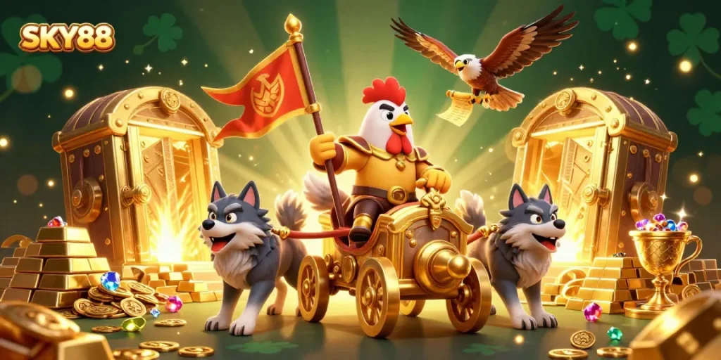 Experience winning thrills with SKY88 as the rooster warlord leads a treasure bounty.