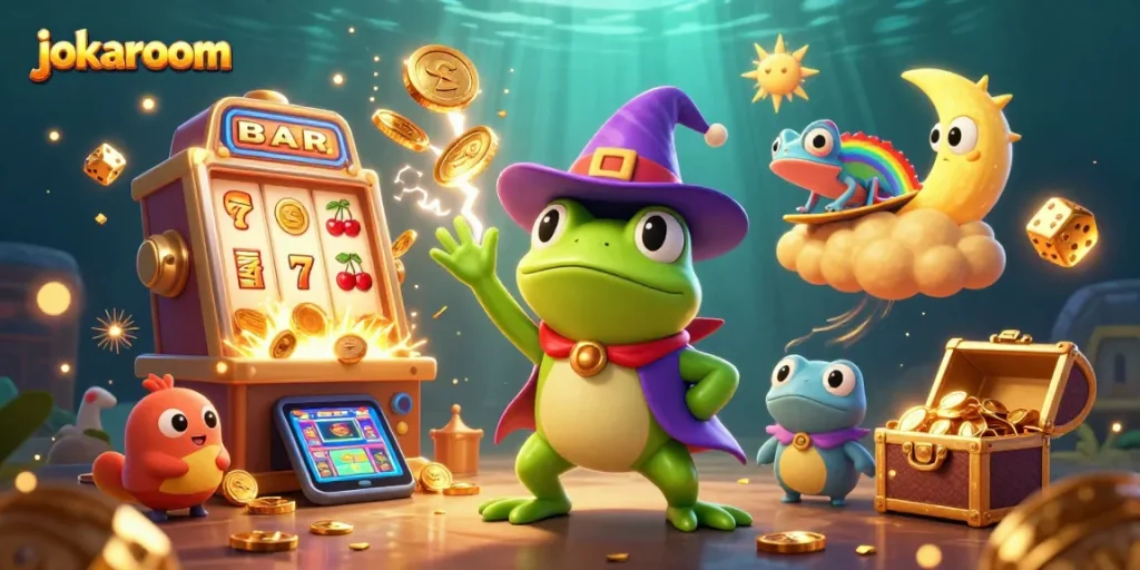 Experience the thrill of winning at jokaroom with magical characters and casino elements in this vibrant 3D scene.