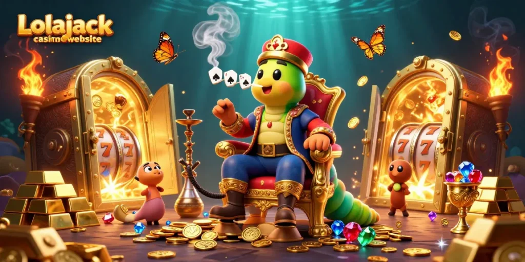 Experience the excitement with Lolajack casinowebsite featuring vibrant casino elements and golden treasures.