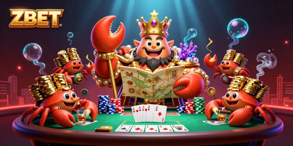 ZBET showcases a vibrant 3D illustration of a crab emperor amidst poker elements and treasure.