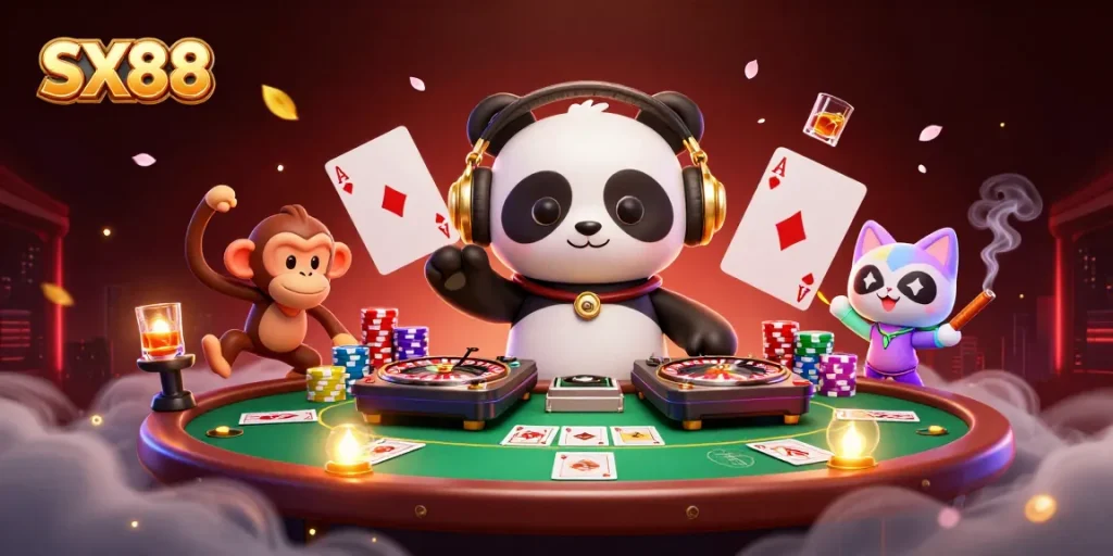 SX88 captures the excitement of online gambling with a lively 3D scene featuring a DJ panda, breakdancing monkey, and rave kitten.