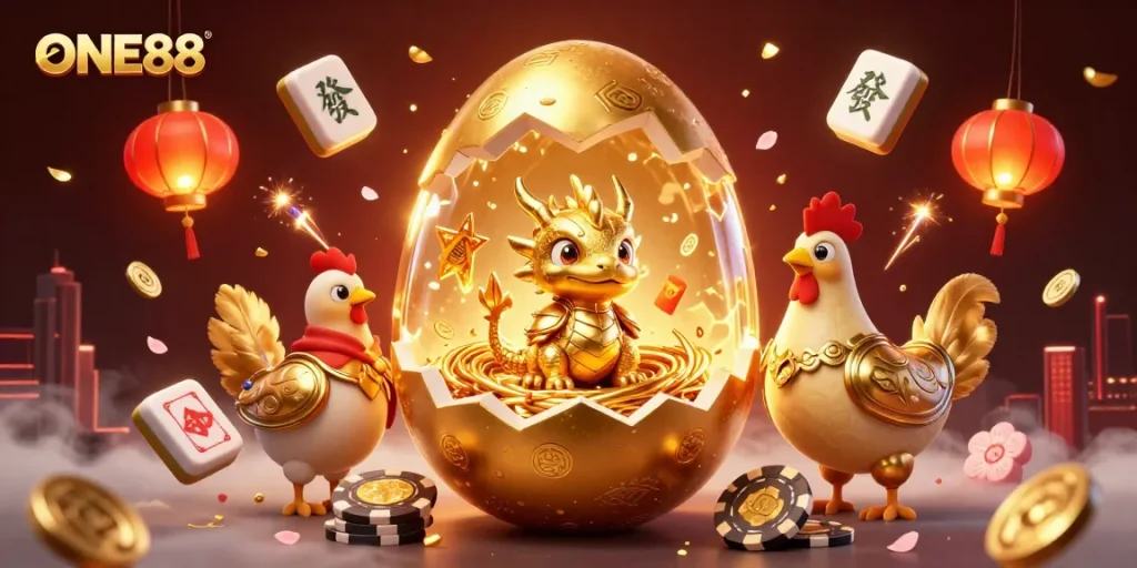 ONE88 showcases a baby dragon with golden poker chips in an enchanting casino atmosphere.