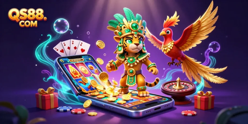 Experience the thrill of gambling with QS88. COM's vibrant 3D illustration featuring a Mayan priest and gaming elements.