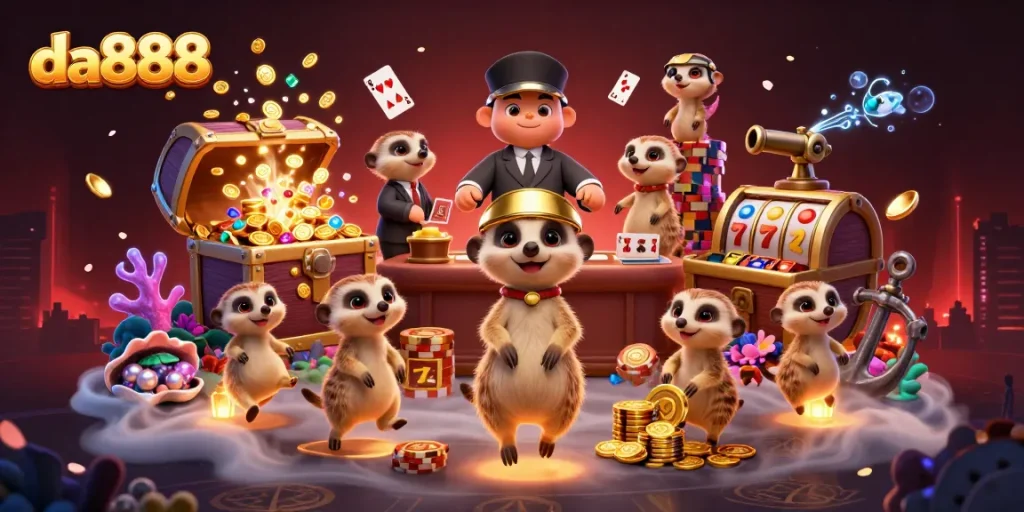 Engage with da888's immersive 3D cartoon casino, featuring meerkats in an elaborate gaming operation.
