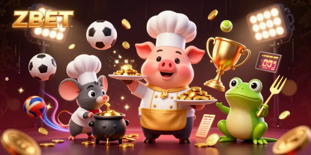 ZBET showcases a vibrant gaming scene with a chef pig serving gold coins among dynamic sports elements and characters.
