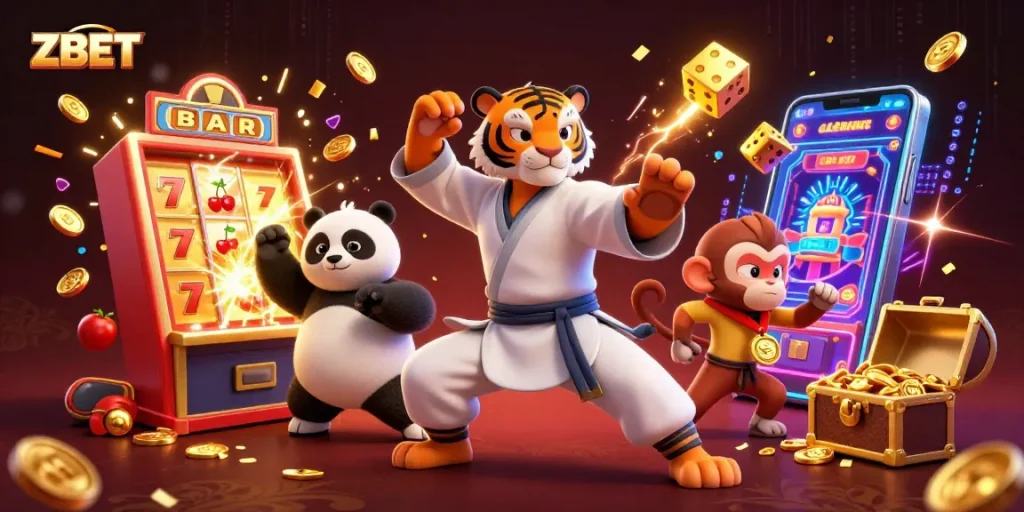 ZBET players enjoying an exciting casino scene with vibrant slots, lively characters, and a thrilling atmosphere.