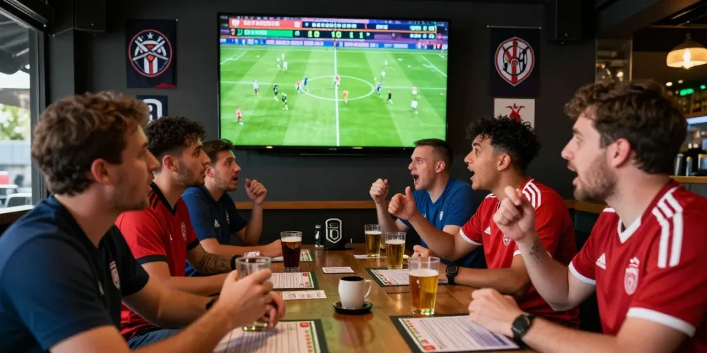Voetbalweddenschappen in een levendige sportbar met fans die een live wedstrijd volgen.