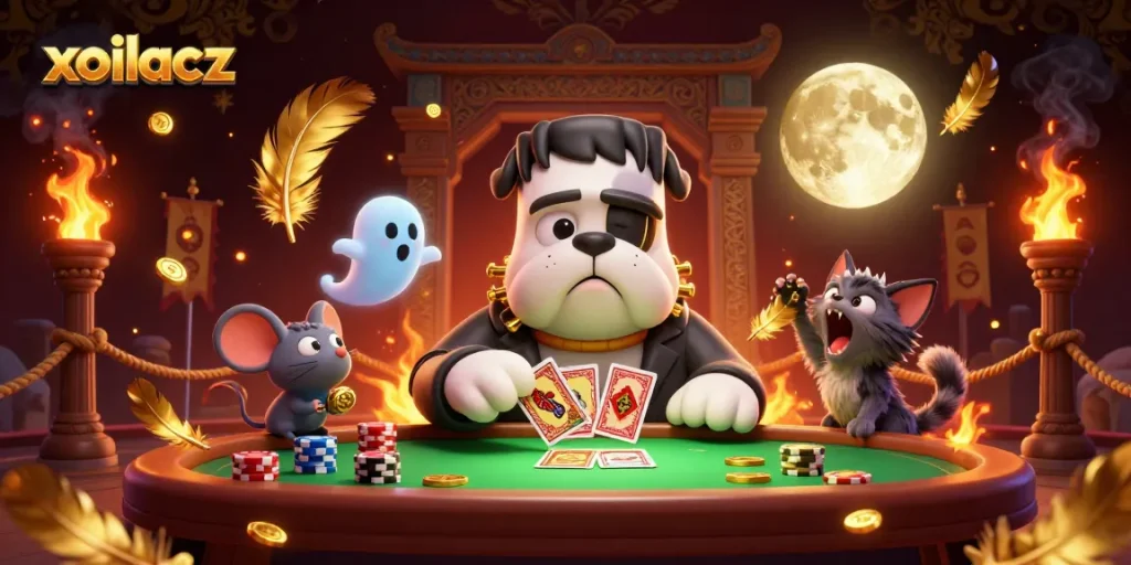 Xoilacz offers thrilling card games featuring a cartoon bulldog dealer at a spooky table surrounded by ghostly fun and vibrant elements.
