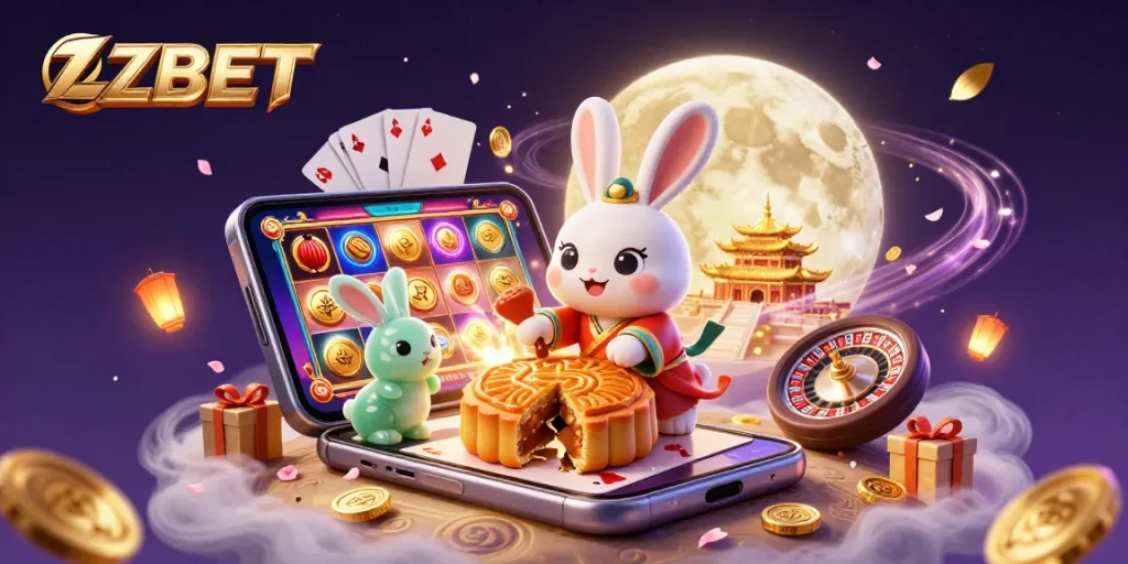 ZBET showcases players winning poker chips as a moon rabbit pounds mooncakes, symbolizing exciting casino rewards.