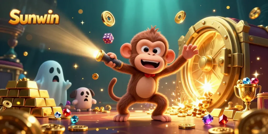 Experience excitement at Sunwin with golden treasure and playful casino characters in a vibrant scene.