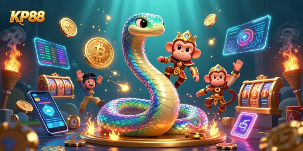 Experience the vibrant world of KP88, where a playful monkey king and rainbow serpent merge fun with crypto excitement.