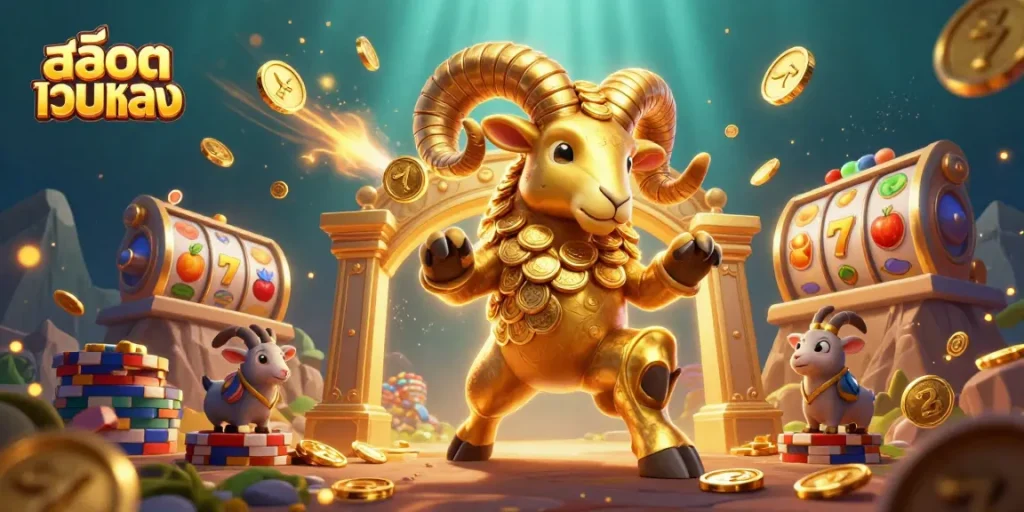 Spin the reels with สล็อตเว็บตรง in this vibrant 3D casino scene featuring a golden ram.