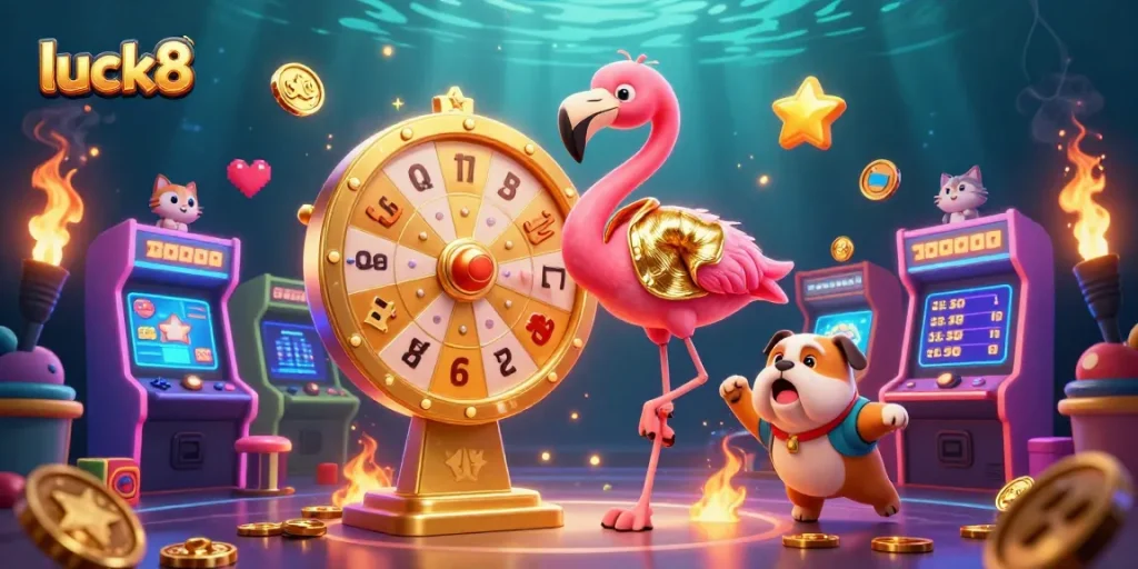 Win big with luck8 at an exciting game show featuring a flamingo host and prize wheel.