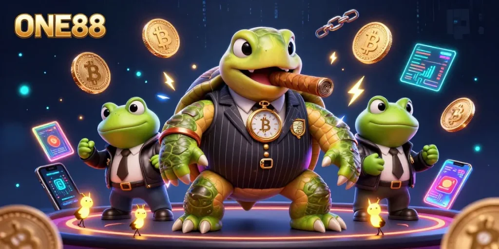 ONE88 transforms the casino experience with a vibrant 3D scene of a snapping turtle and bullfrogs in a crypto atmosphere.