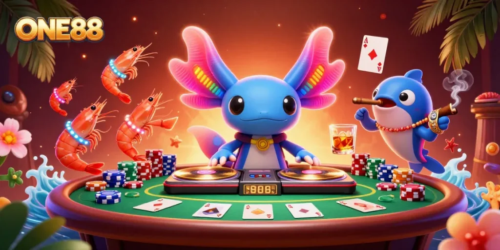 Experience thrilling poker action with ONE88, featuring vibrant axolotl DJ, shrimp dancers, and poker elements.