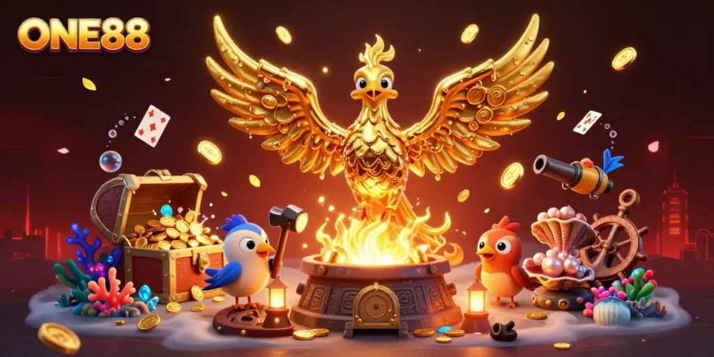 Immerse in the excitement of ONE88 with a magical phoenix and submerged treasures.
