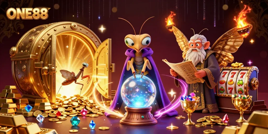 Engage with ONE88's vibrant casino world, featuring a fortune teller and treasures amidst slot games.