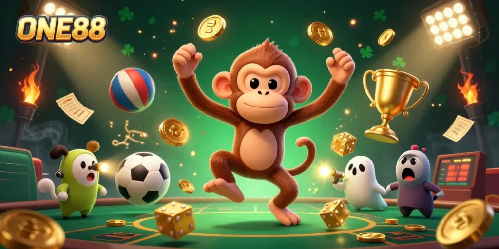 ONE88 showcases a dynamic 3D illustration of a mischievous monkey and ghost-hunting puppy in a lively casino scene.