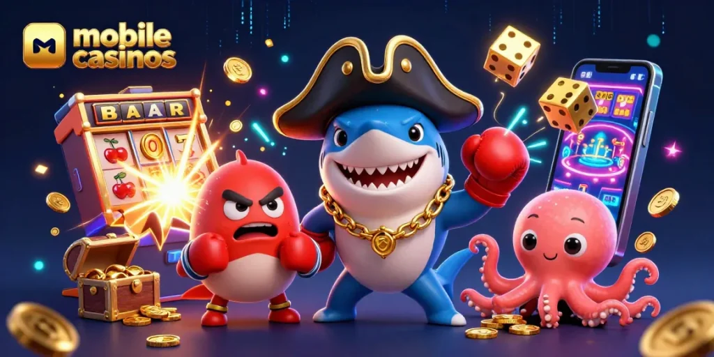 Engage with mobile casinos through thrilling scenes of a pirate shark, pufferfish, and octopus amidst slot machines and gold.