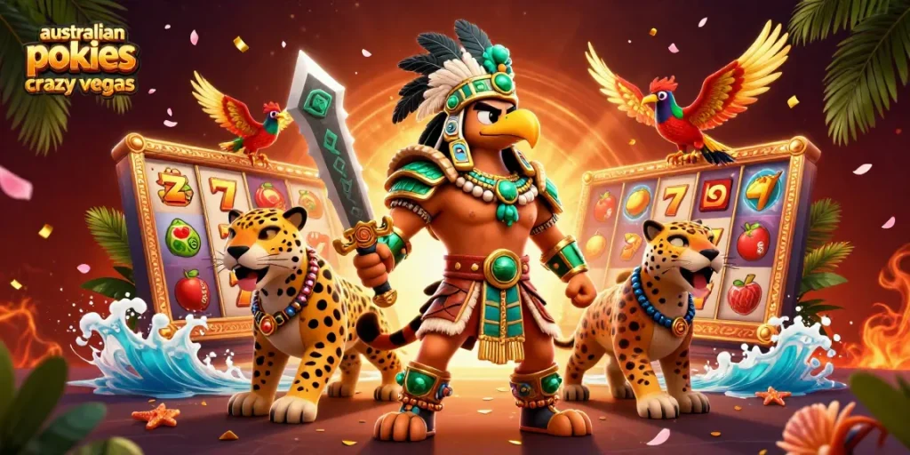 Spin to win with australian pokies crazy vegas featuring Aztec warriors and slot reels.